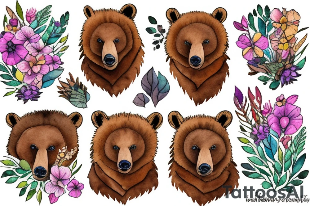 Brown bear with wild flowers tattoo idea