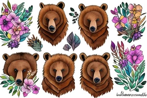 Brown bear with wild flowers tattoo idea