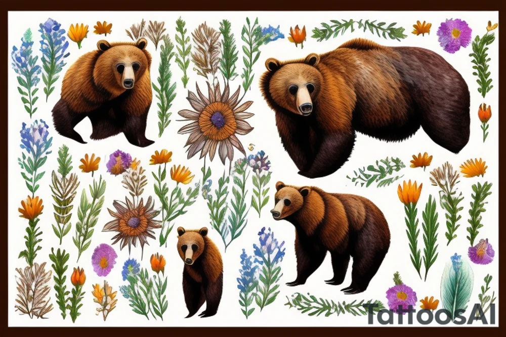 Brown bear in field of wild flowers in the mountains tattoo idea