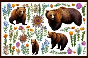 Brown bear in field of wild flowers in the mountains tattoo idea