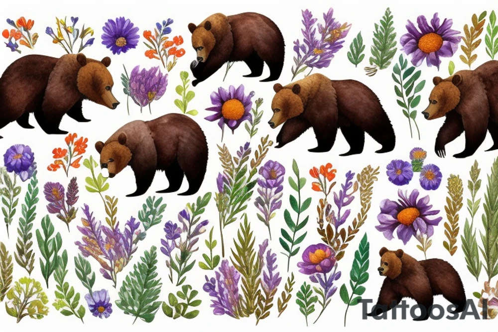 Brown bear in field of wild flowers in the mountains tattoo idea