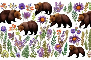 Brown bear in field of wild flowers in the mountains tattoo idea