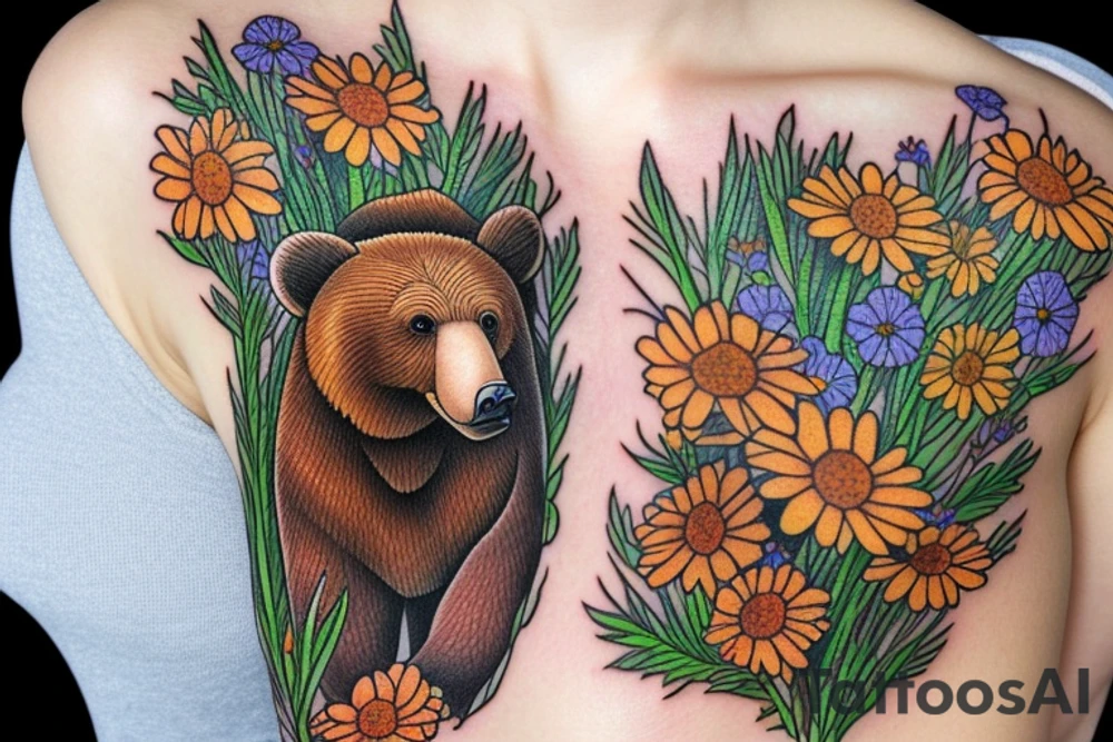 Brown bear in field of wild flowers in the mountains tattoo idea