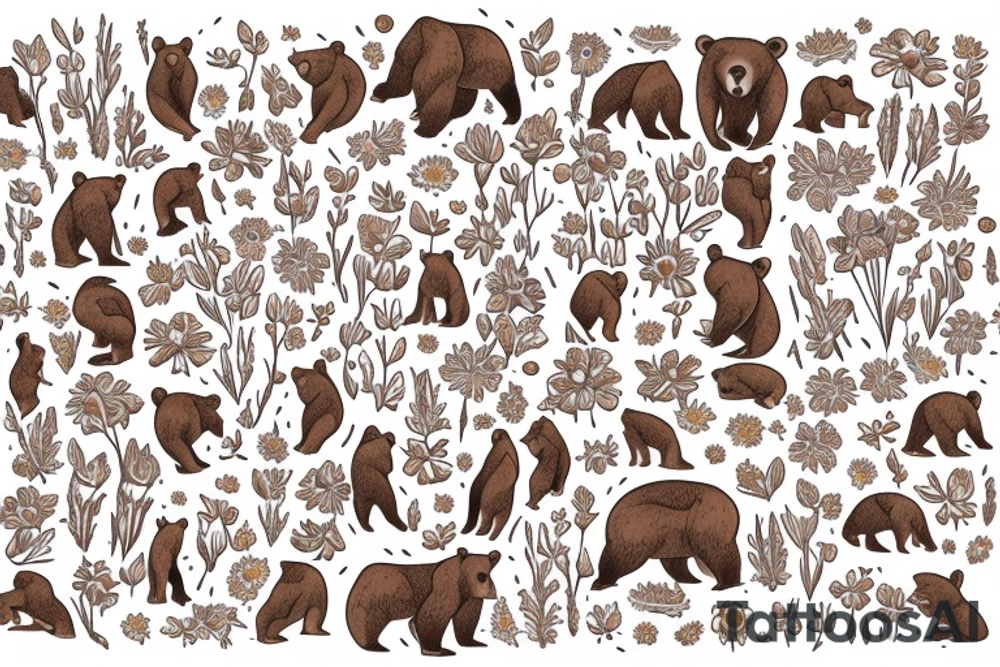 Brown bear in field of wild flowers in the mountains tattoo idea