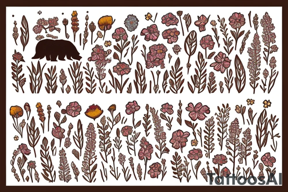 Brown bear in field of wild flowers in the mountains tattoo idea
