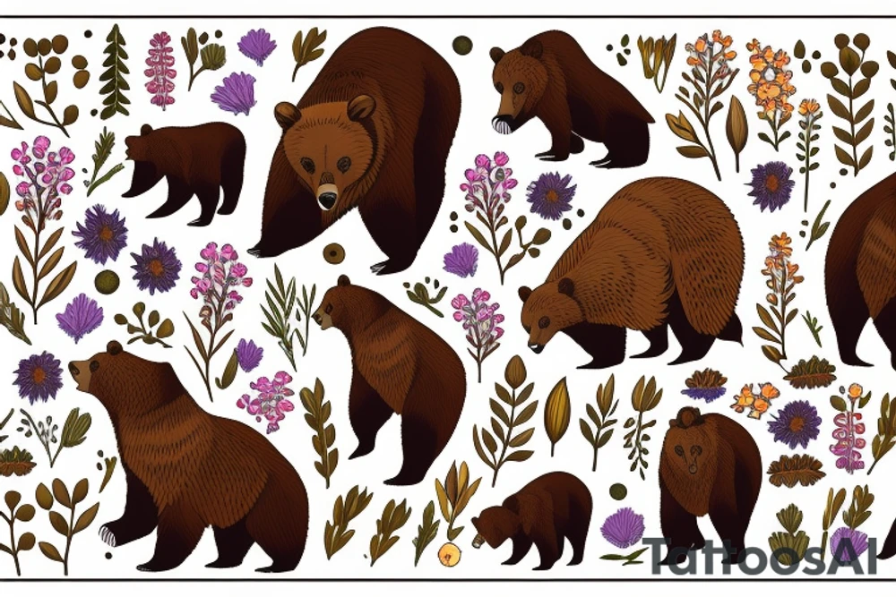 Brown bear in field of wild flowers in the mountains tattoo idea