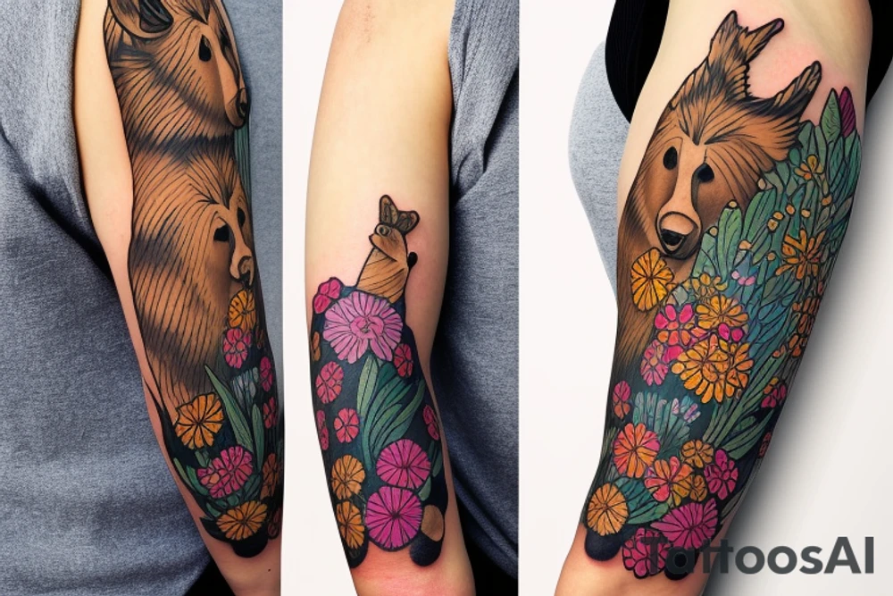 Brown bear in field of wild flowers in the mountains full sleeve tattoo idea