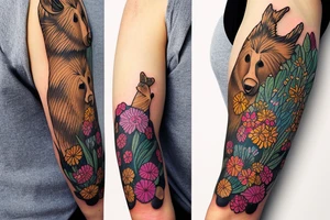 Brown bear in field of wild flowers in the mountains full sleeve tattoo idea