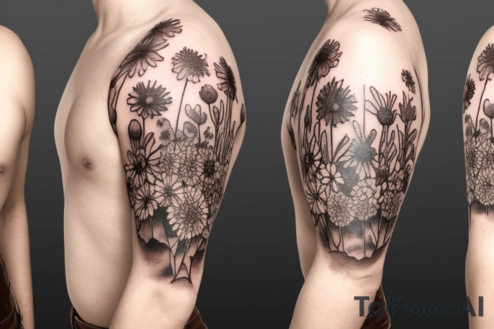Brown bear in field of wild flowers in the mountains full sleeve tattoo idea