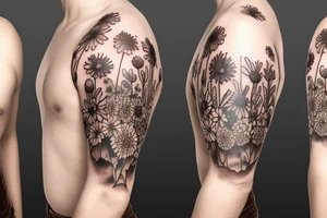 Brown bear in field of wild flowers in the mountains full sleeve tattoo idea