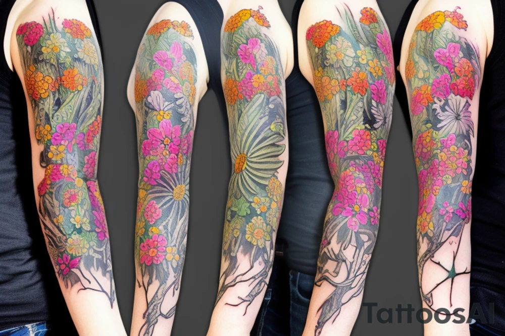 Full sleeve of wild flowers tattoo idea