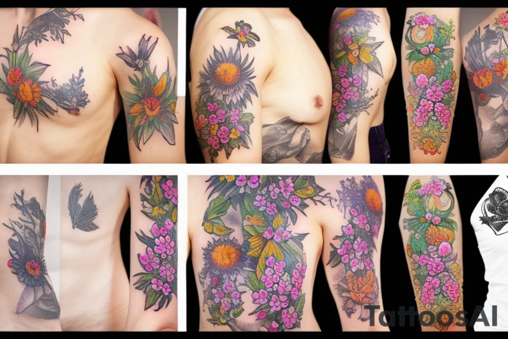 Full sleeve of wild flowers tattoo idea
