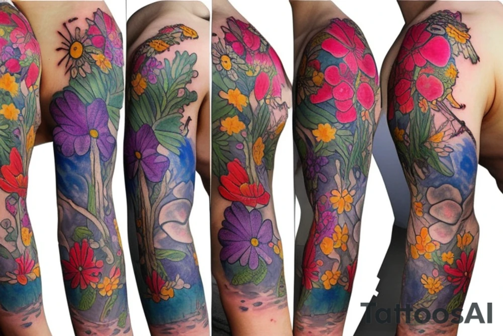 Full sleeve of wild flowers tattoo idea