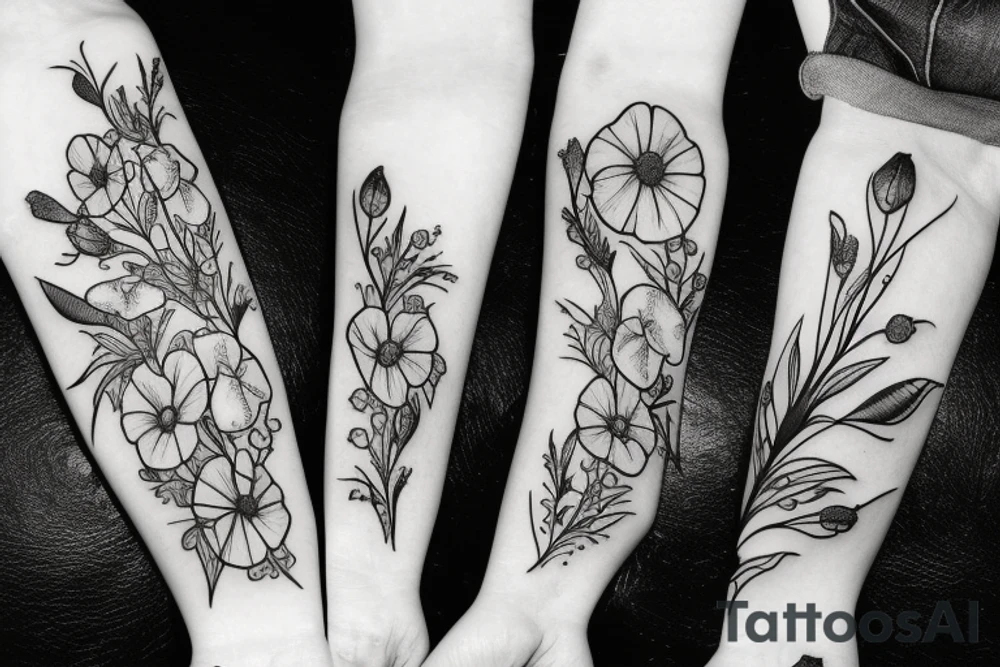 Poppy flowers and wildflowers and briar roses and pear flowers tattoo idea