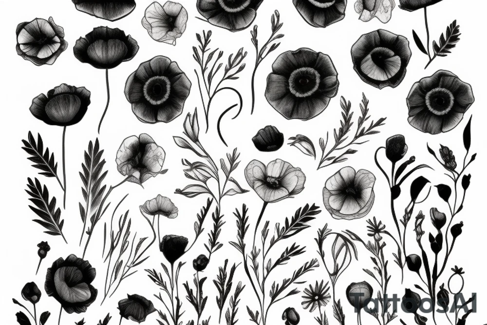 Poppy flowers and wildflowers and briar roses and pear flowers tattoo idea