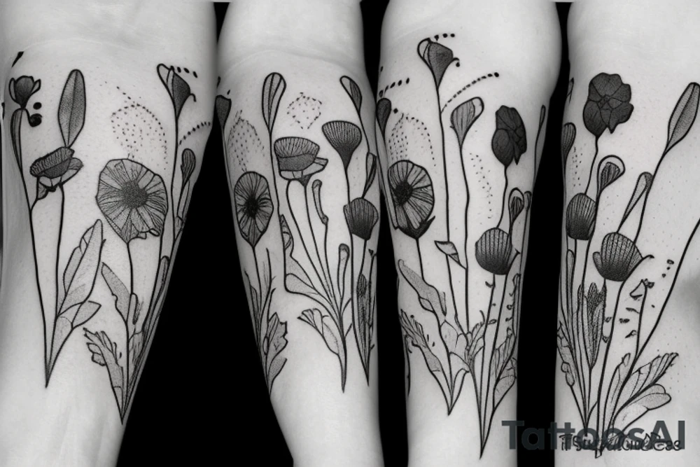 Poppies, wildflowers, briar rose, pear flowers tattoo idea