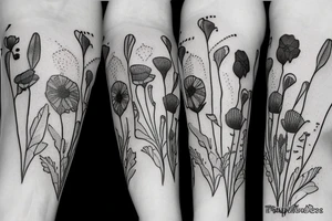 Poppies, wildflowers, briar rose, pear flowers tattoo idea