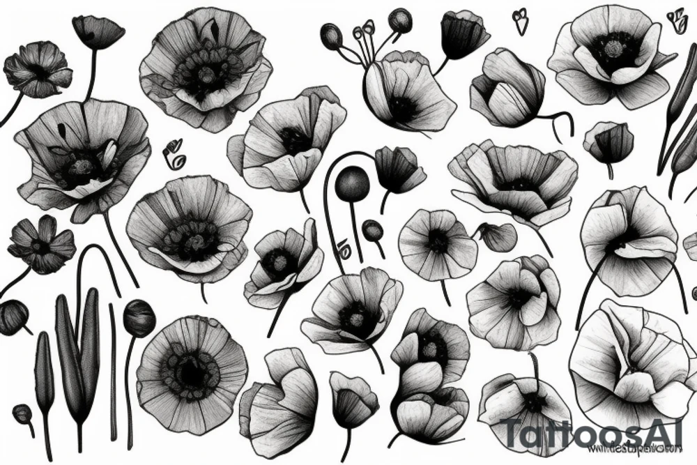 Poppies, wildflowers, briar rose, pear flowers tattoo idea