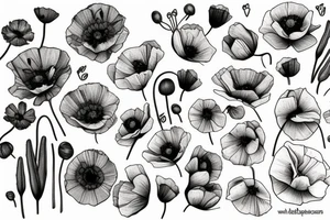 Poppies, wildflowers, briar rose, pear flowers tattoo idea