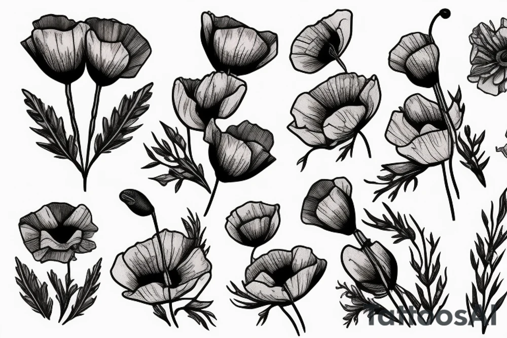Poppies, wildflowers, briar rose, pear flowers tattoo idea