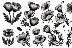 Poppies, wildflowers, briar rose, pear flowers tattoo idea
