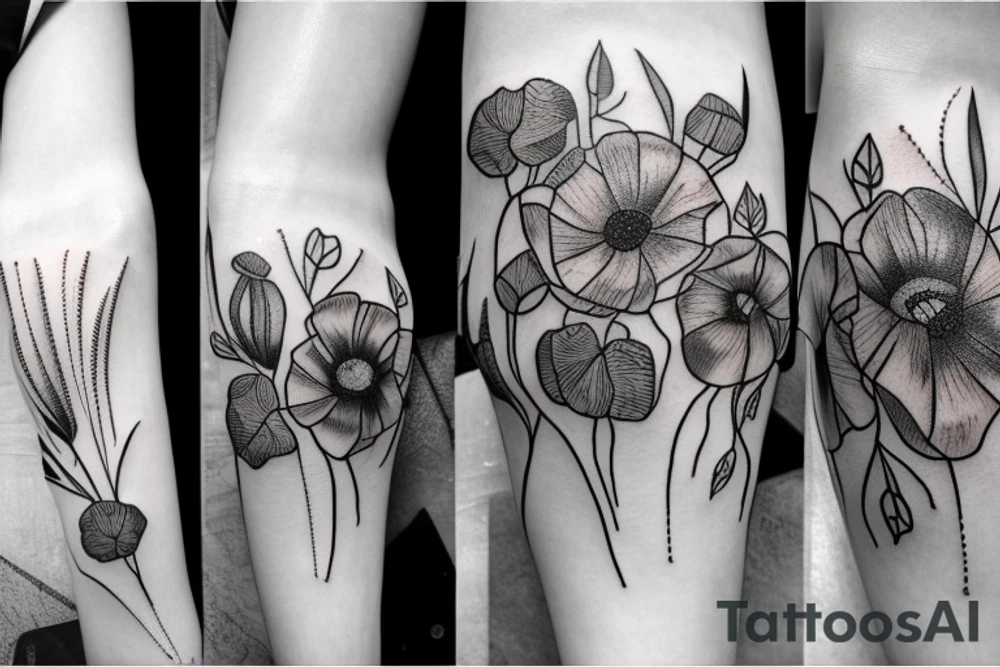 Poppies, wildflowers, briar rose, pear flowers tattoo idea