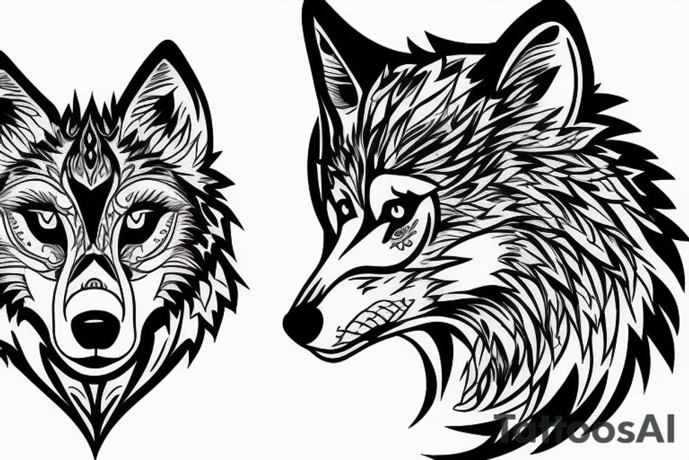 a wolf with 2 faces side profile tattoo idea