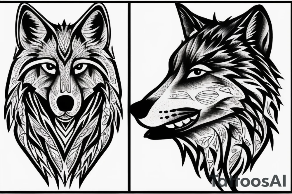 a wolf with 2 faces side profile tattoo idea