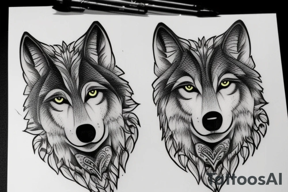 a wolf with 2 faces side profile tattoo idea