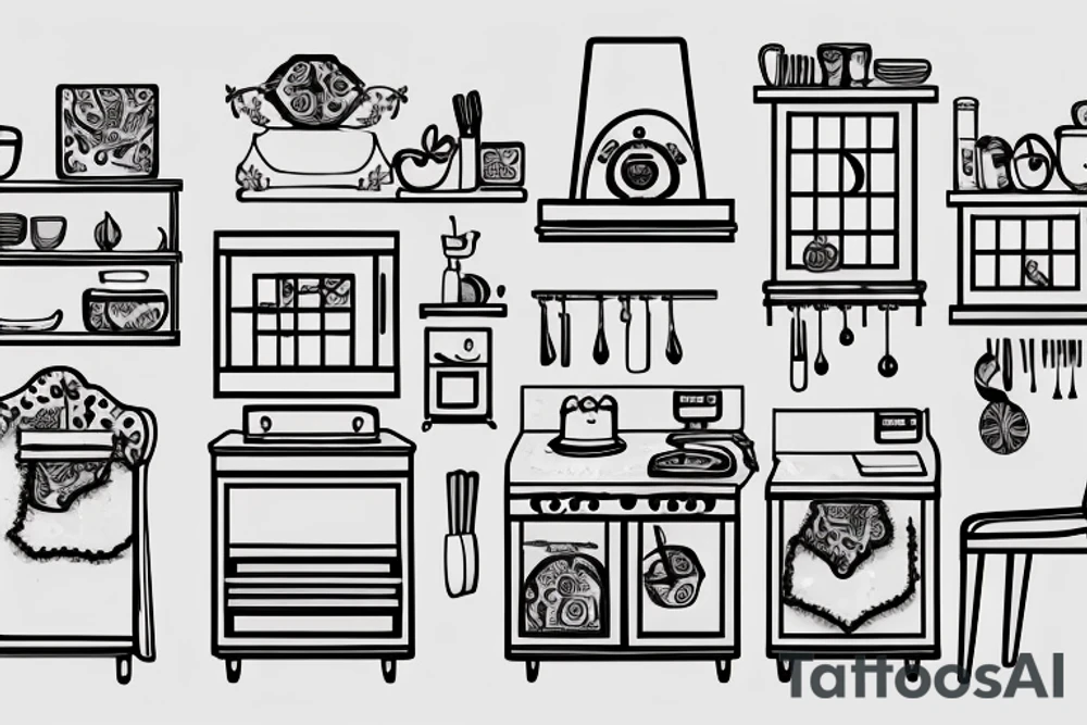 A scene of a kitchen, 2 chairs at a table with a window tattoo idea