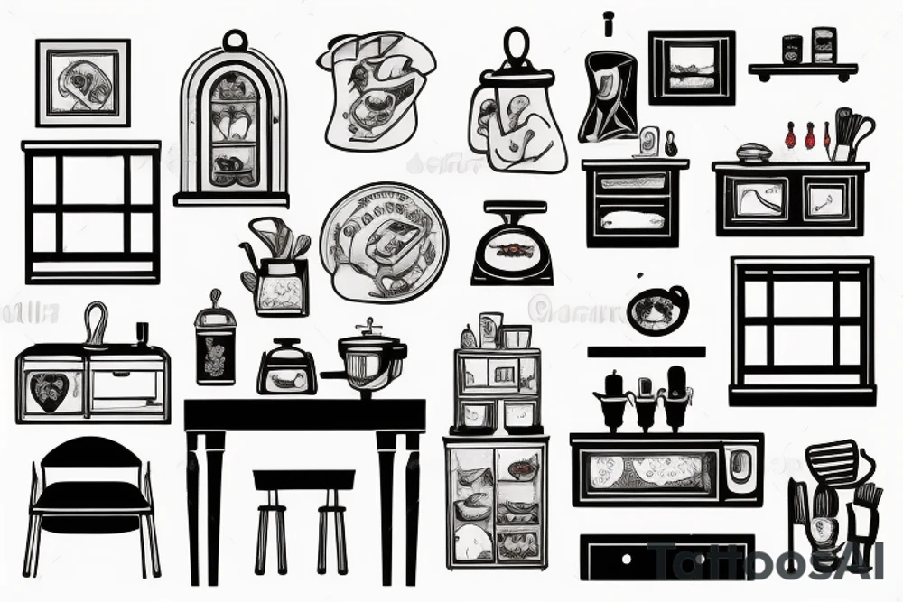 A scene of a kitchen, 2 chairs at a table with a window tattoo idea