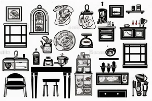 A scene of a kitchen, 2 chairs at a table with a window tattoo idea