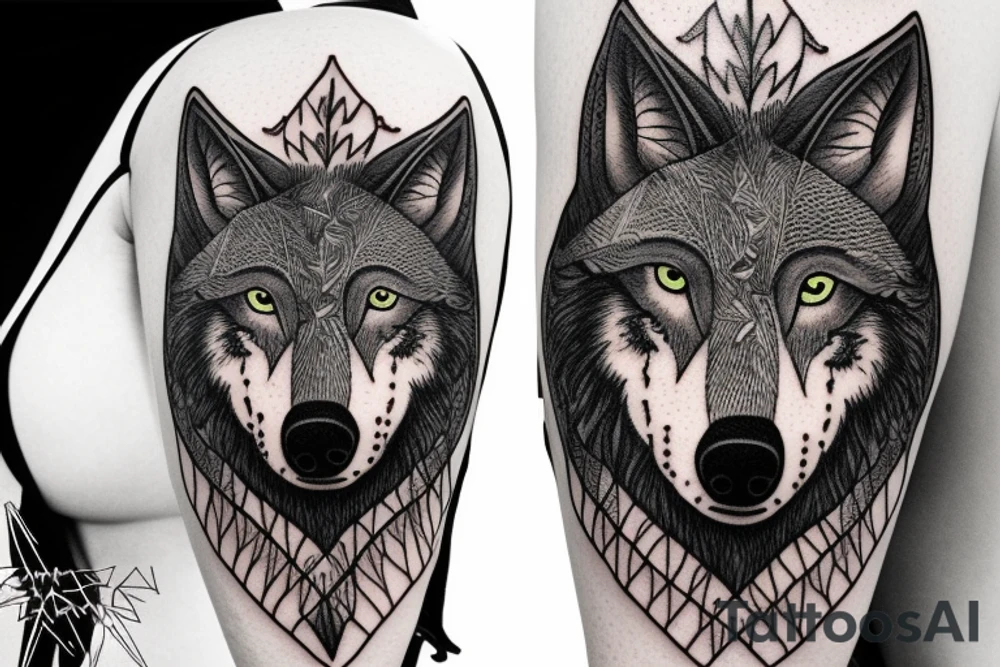 Portrait of a wolf's head but some of the details incorporate ferns tattoo idea