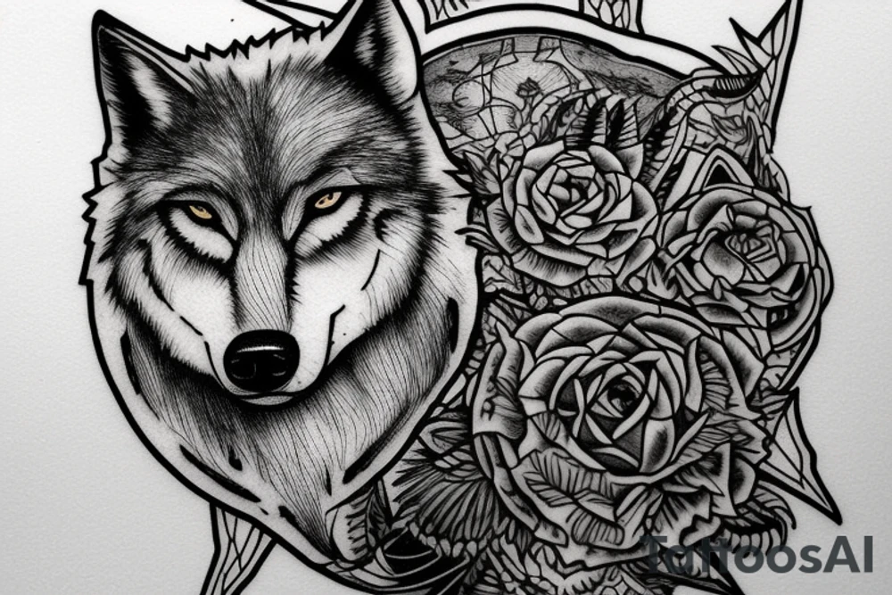 Portrait of a wolf's head but some of the details incorporate ferns tattoo idea