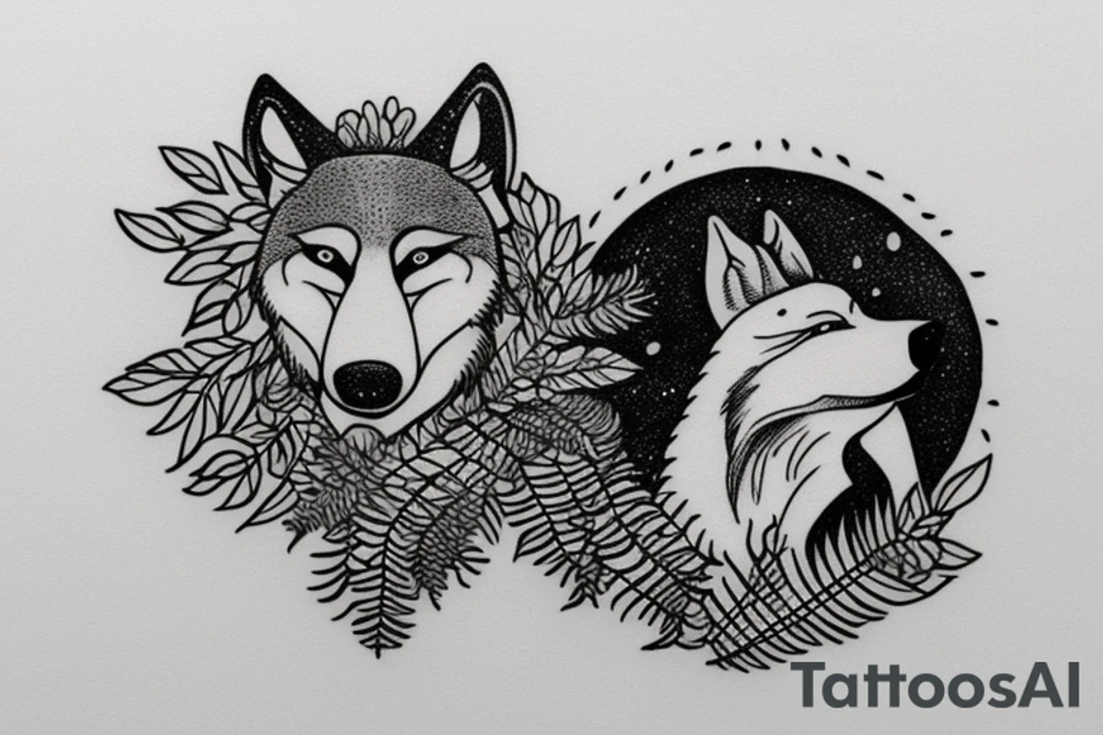 A circular tattoo of a sleeping wolf, and the wolf's tail is a large fern tattoo idea