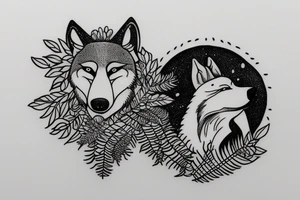 A circular tattoo of a sleeping wolf, and the wolf's tail is a large fern tattoo idea