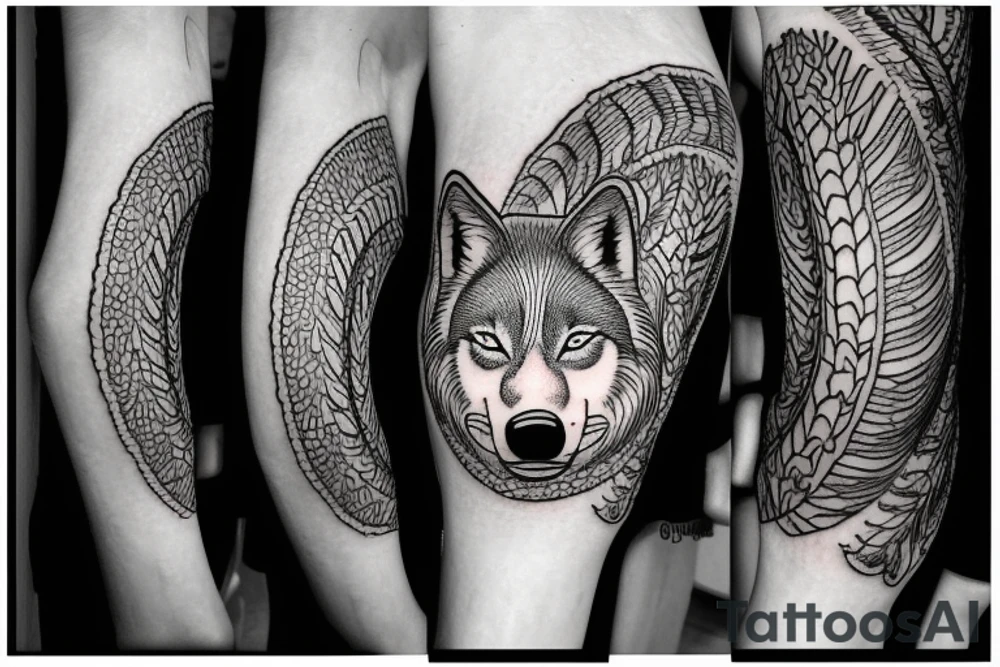 A circular tattoo of a sleeping wolf, and the wolf's tail is a large fern tattoo idea