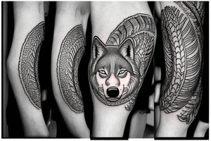 A circular tattoo of a sleeping wolf, and the wolf's tail is a large fern tattoo idea