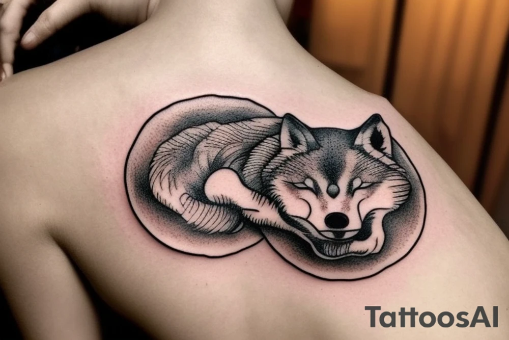 A circular tattoo of a sleeping wolf. The Wolf is in the shape of a circle, with its snout tucked into its legs and its tail wrapped around it's body. The wolf's tail is a large fern tattoo idea