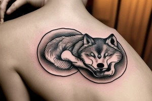 A circular tattoo of a sleeping wolf. The Wolf is in the shape of a circle, with its snout tucked into its legs and its tail wrapped around it's body. The wolf's tail is a large fern tattoo idea