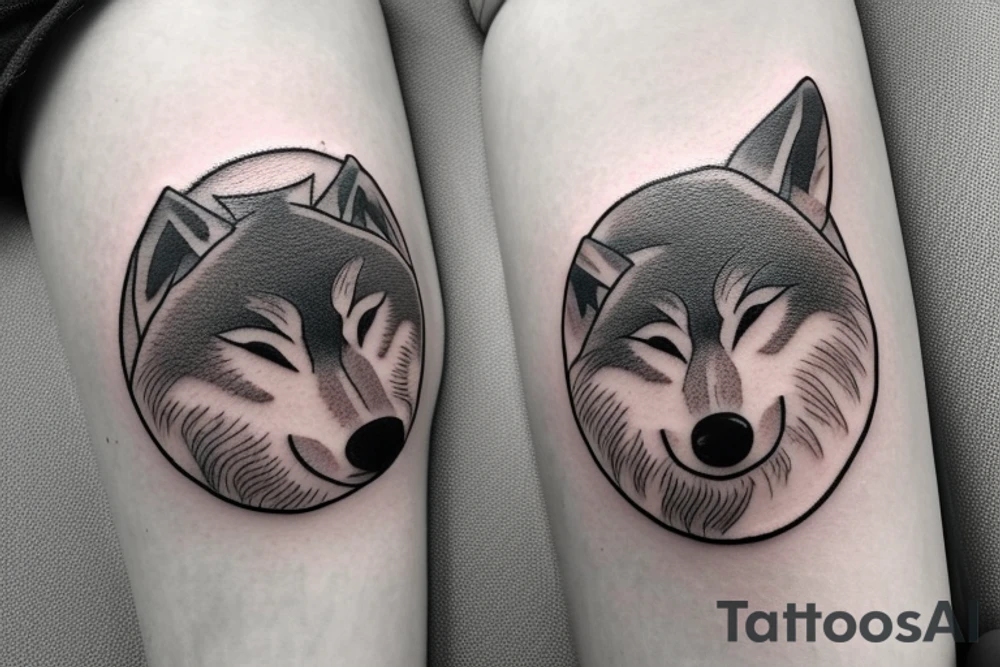 A circular tattoo of a sleeping wolf. The Wolf is in the shape of a circle, with its snout tucked into its legs and its tail wrapped around it's body. The wolf's tail is a large fern tattoo idea