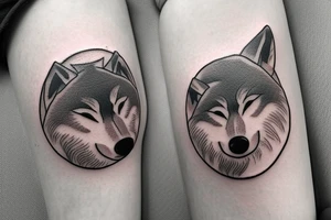 A circular tattoo of a sleeping wolf. The Wolf is in the shape of a circle, with its snout tucked into its legs and its tail wrapped around it's body. The wolf's tail is a large fern tattoo idea