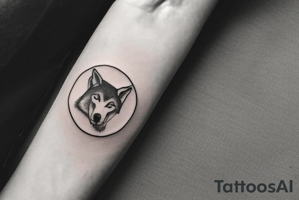 A circular tattoo of a sleeping wolf. The Wolf is in the shape of a circle, with its snout tucked into its legs and its tail wrapped around it's body. The wolf's tail is a large fern tattoo idea