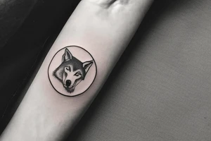 A circular tattoo of a sleeping wolf. The Wolf is in the shape of a circle, with its snout tucked into its legs and its tail wrapped around it's body. The wolf's tail is a large fern tattoo idea