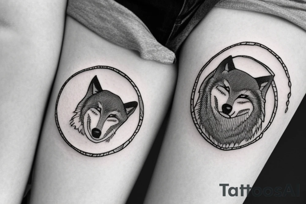 A circular tattoo of a sleeping wolf. The Wolf is in the shape of a circle, with its snout tucked into its legs and its tail wrapped around it's body. The wolf's tail is a large fern tattoo idea