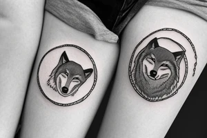 A circular tattoo of a sleeping wolf. The Wolf is in the shape of a circle, with its snout tucked into its legs and its tail wrapped around it's body. The wolf's tail is a large fern tattoo idea