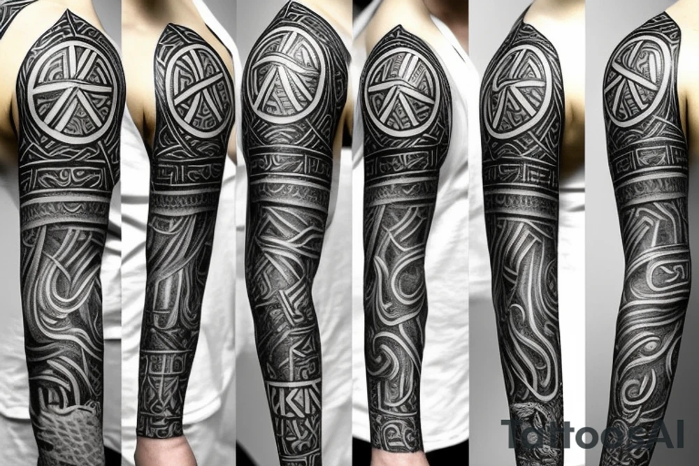 Norse mythology sleeve featuring symbols like Odin’s ravens, Thor’s Hammer, the tree of life, and runes tattoo idea