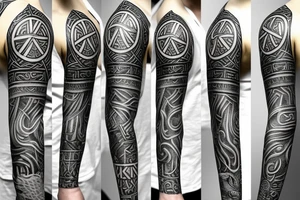 Norse mythology sleeve featuring symbols like Odin’s ravens, Thor’s Hammer, the tree of life, and runes tattoo idea