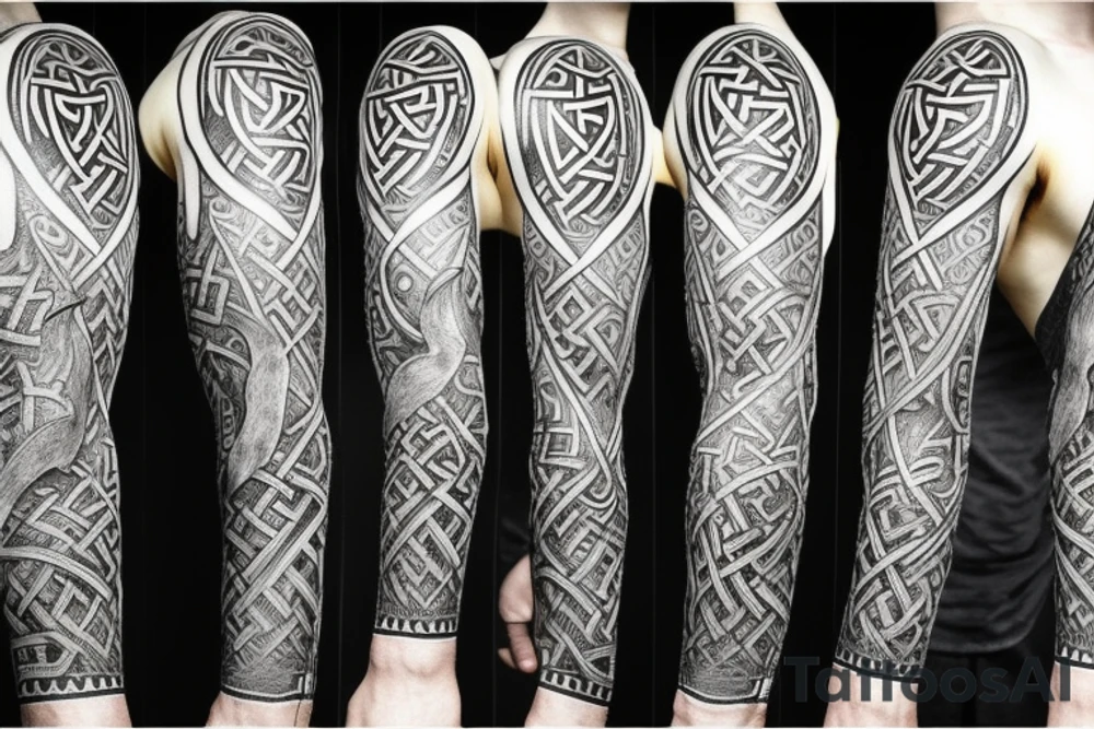 Norse mythology sleeve featuring symbols like Odin’s ravens, Thor’s Hammer, the tree of life, and runes tattoo idea