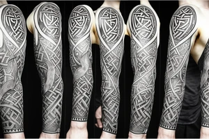 Norse mythology sleeve featuring symbols like Odin’s ravens, Thor’s Hammer, the tree of life, and runes tattoo idea
